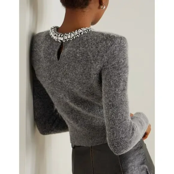 SELF-PORTRAIT Cropped crystal-embellished knitted sweater Gray Size Large - Picture 3 of 11